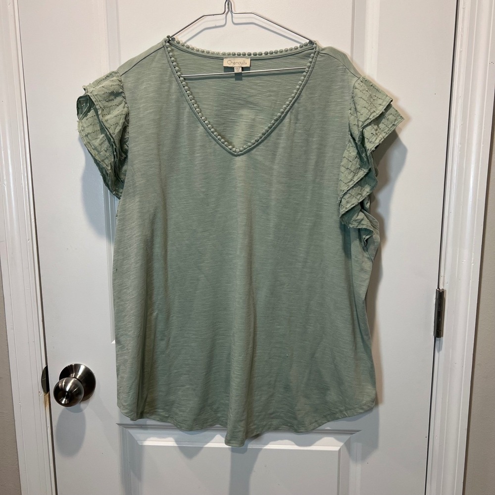 Chenaults Sage Green Ruffle Sleeve V Neck T Shirt Top Womens Plus‎ Size 2X
